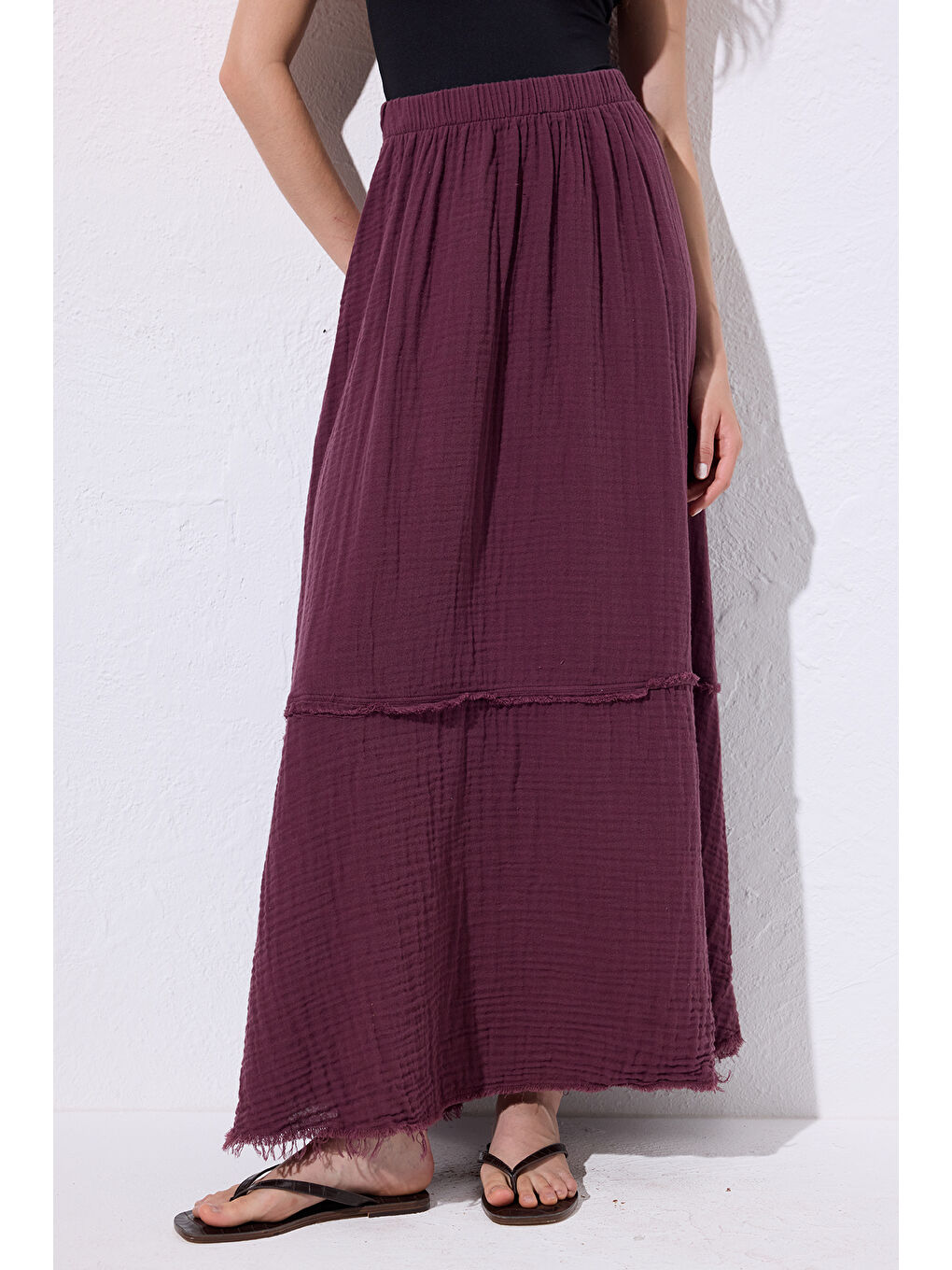 Müslin Katlı Geniş Etek Mürdüm-3