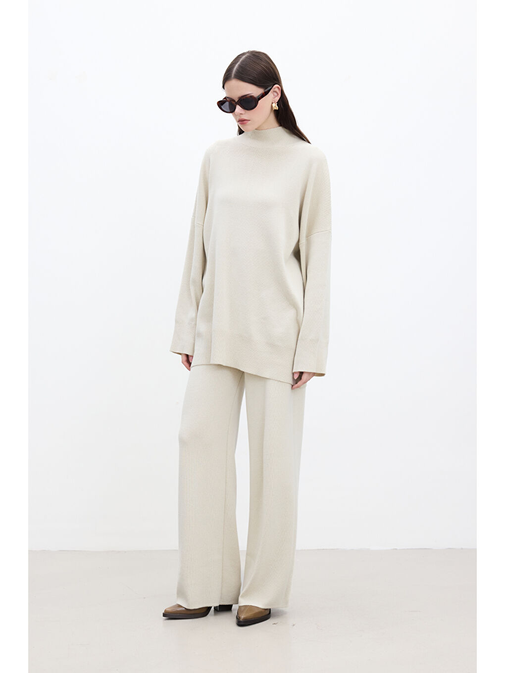 Düz Paça Triko Pantolon Bej-4