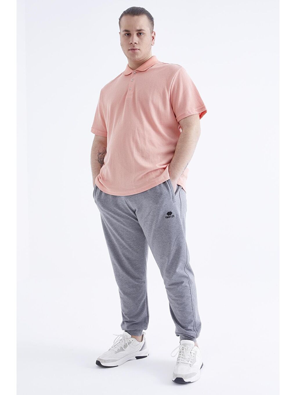 Gri Melanj Fermuar Cepli Manşetli Büyük Beden Erkek Eşofman Alt  - 84679