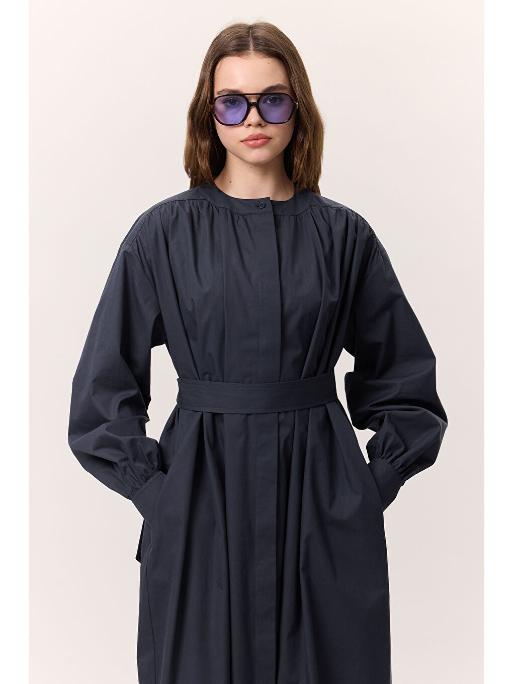 Büzgü Detaylı Geniş Gömlek Elbise Lacivert-2