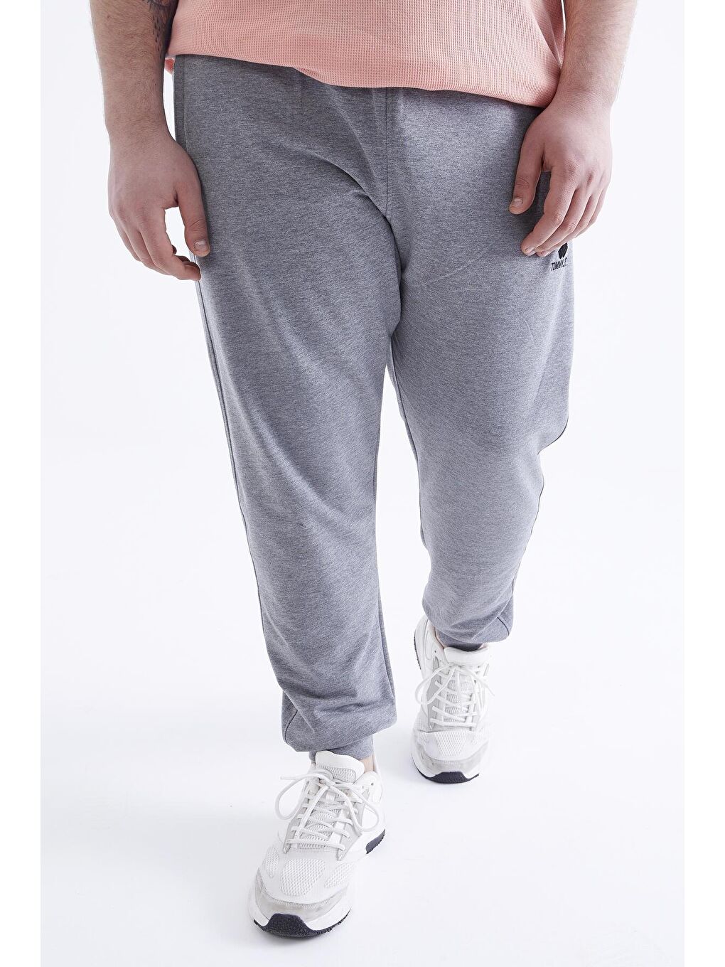 Gri Melanj Fermuar Cepli Manşetli Büyük Beden Erkek Eşofman Alt  - 84679-1