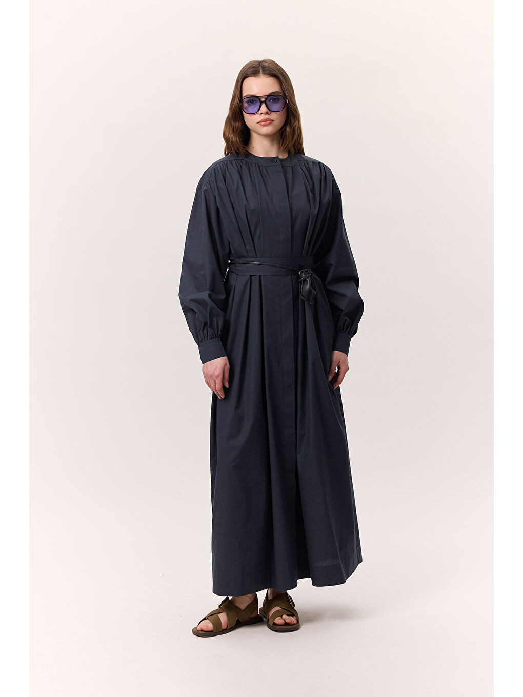 Büzgü Detaylı Geniş Gömlek Elbise Lacivert-3