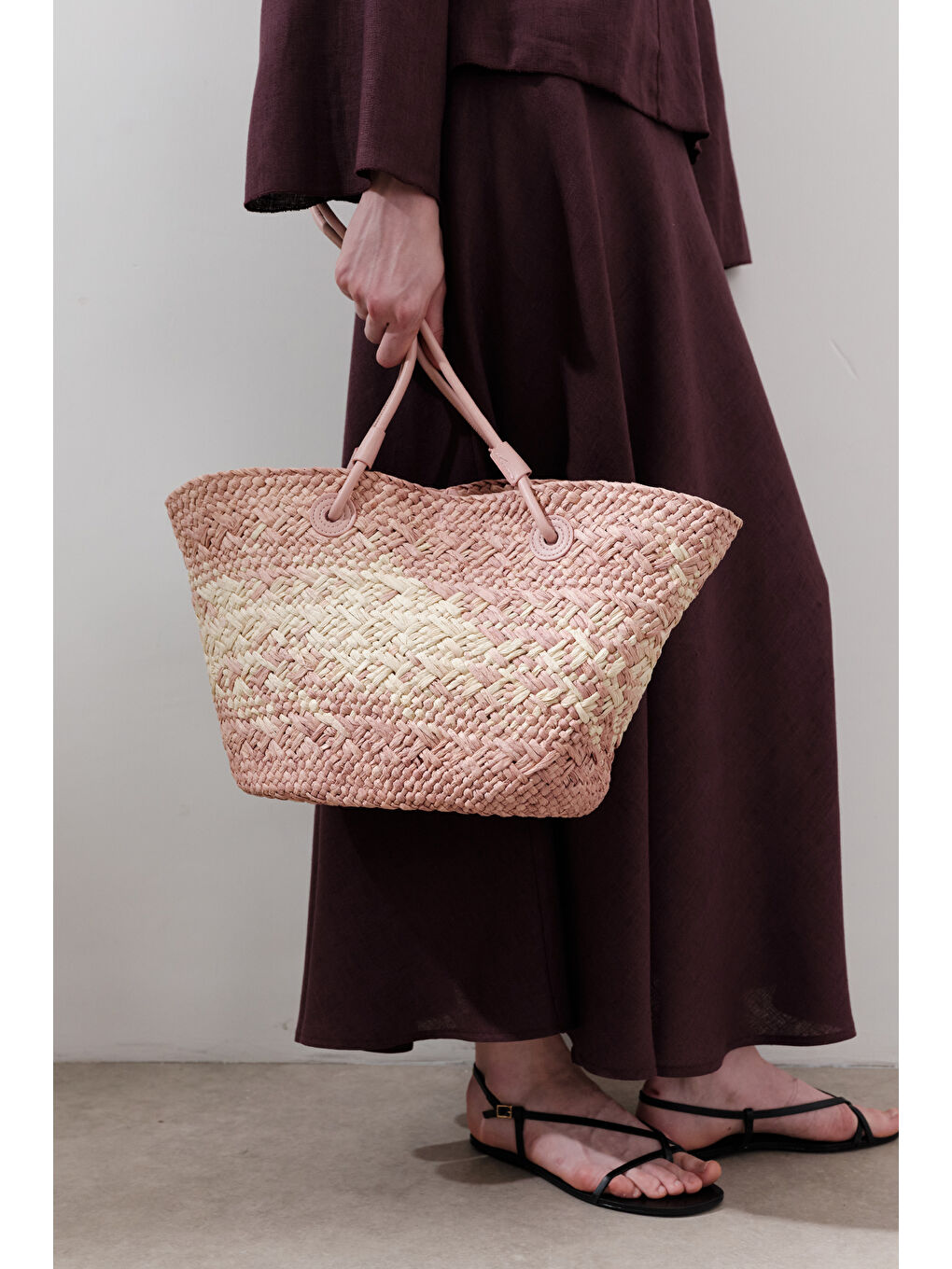 Deri Askılı Hasır Çanta Pembe-1