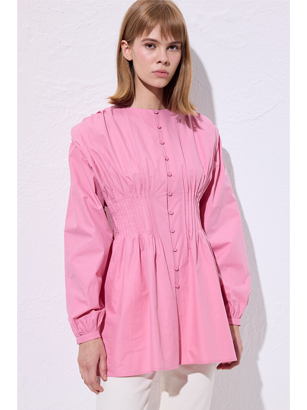 Beli Pile Detaylı Uzun Kol Bluz Pembe