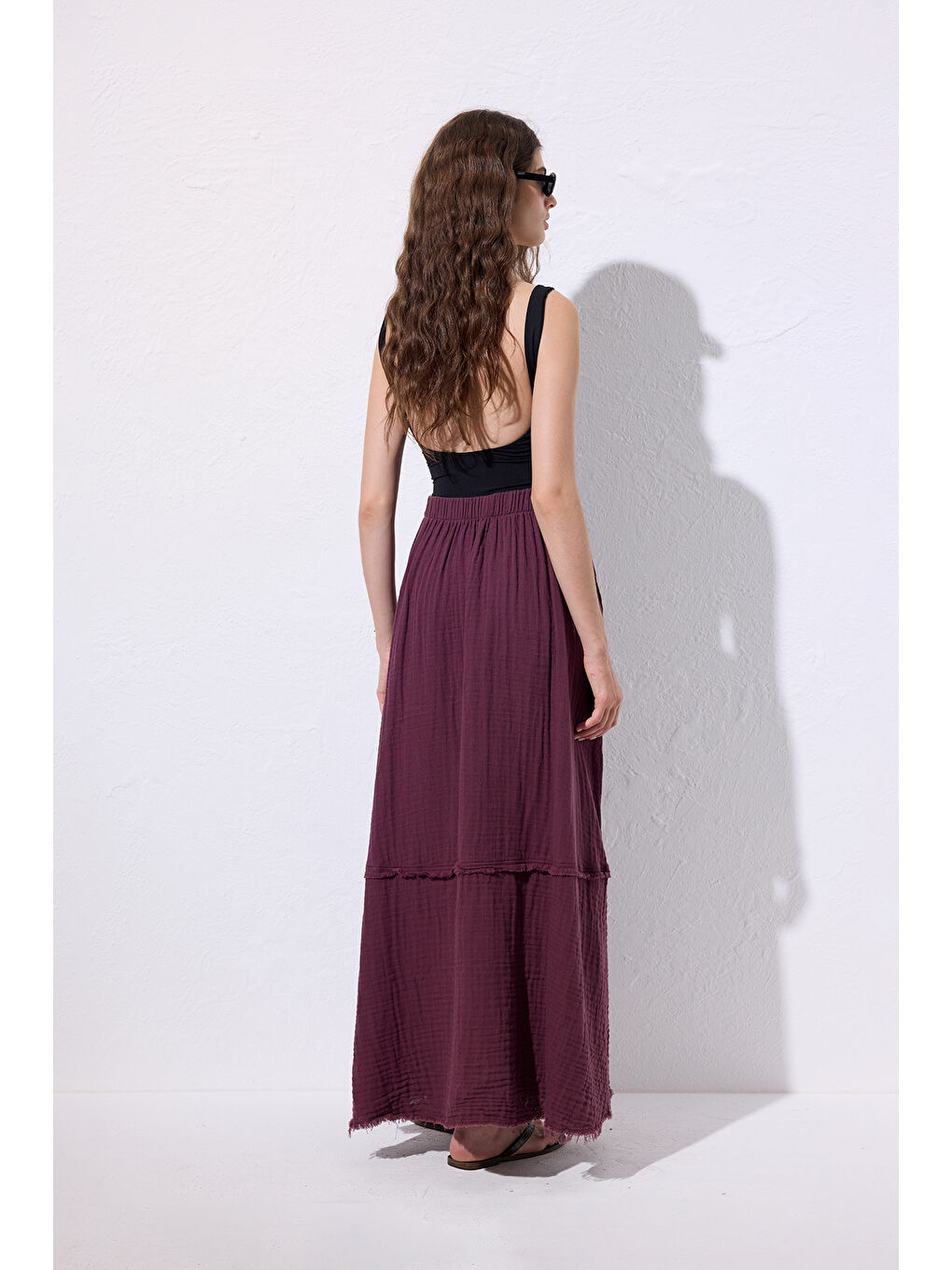 Müslin Katlı Geniş Etek Mürdüm-5