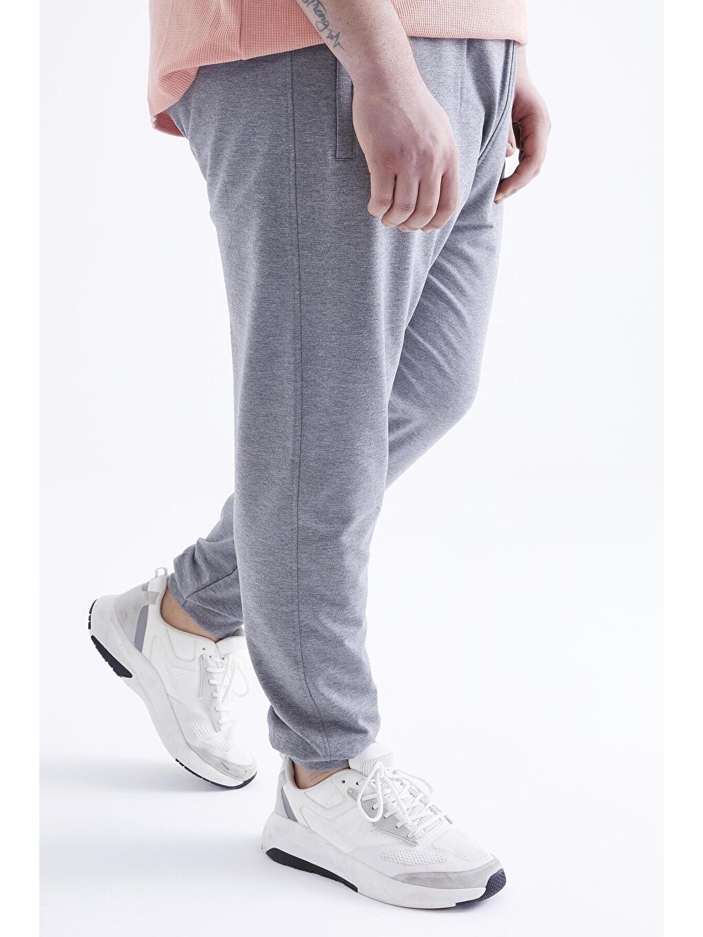 Gri Melanj Fermuar Cepli Manşetli Büyük Beden Erkek Eşofman Alt  - 84679-3