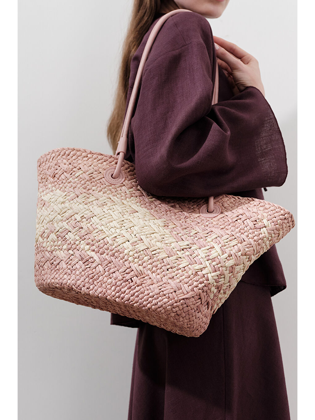 Deri Askılı Hasır Çanta Pembe-2