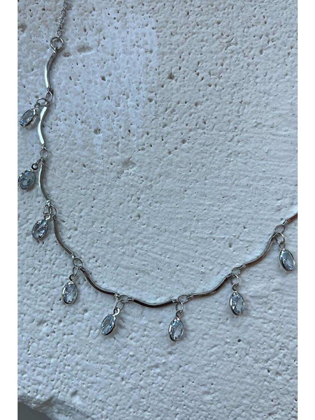 Gri Elips Taşlı Kolye Gümüş