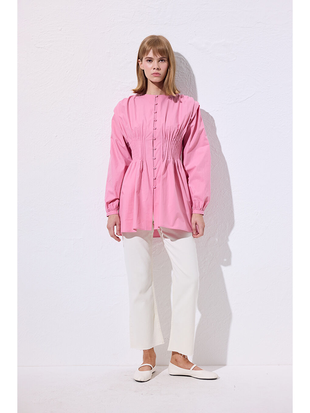 Beli Pile Detaylı Uzun Kol Bluz Pembe-2