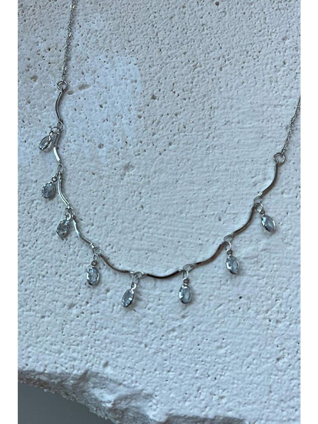 Gri Elips Taşlı Kolye Gümüş-2