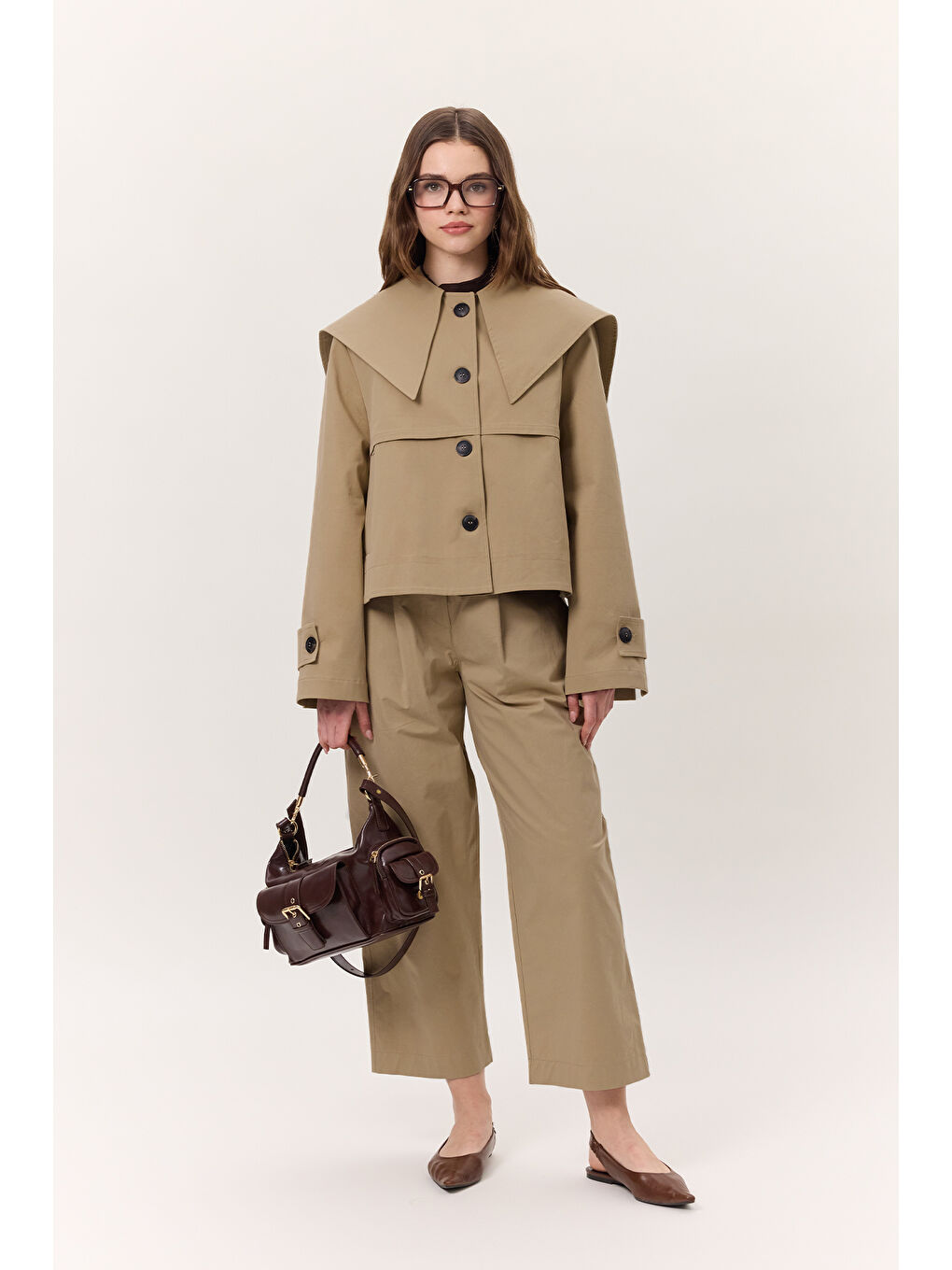 Bej Geniş Yaka Gabardin Ceket Kum-2