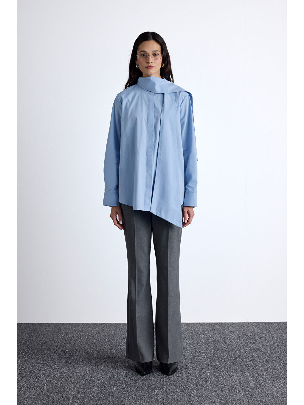 Fular Detaylı Premıum Gömlek Mavi-1