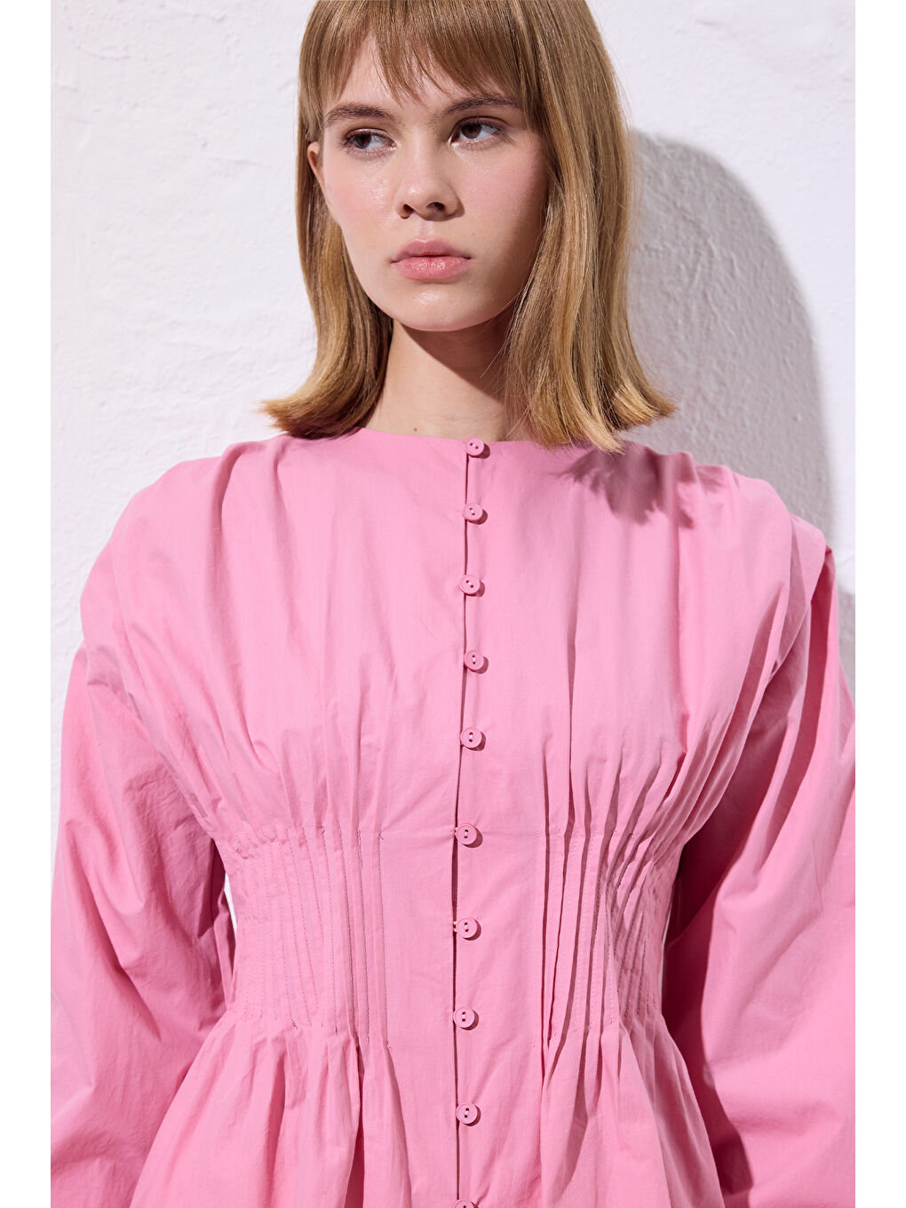 Beli Pile Detaylı Uzun Kol Bluz Pembe-4