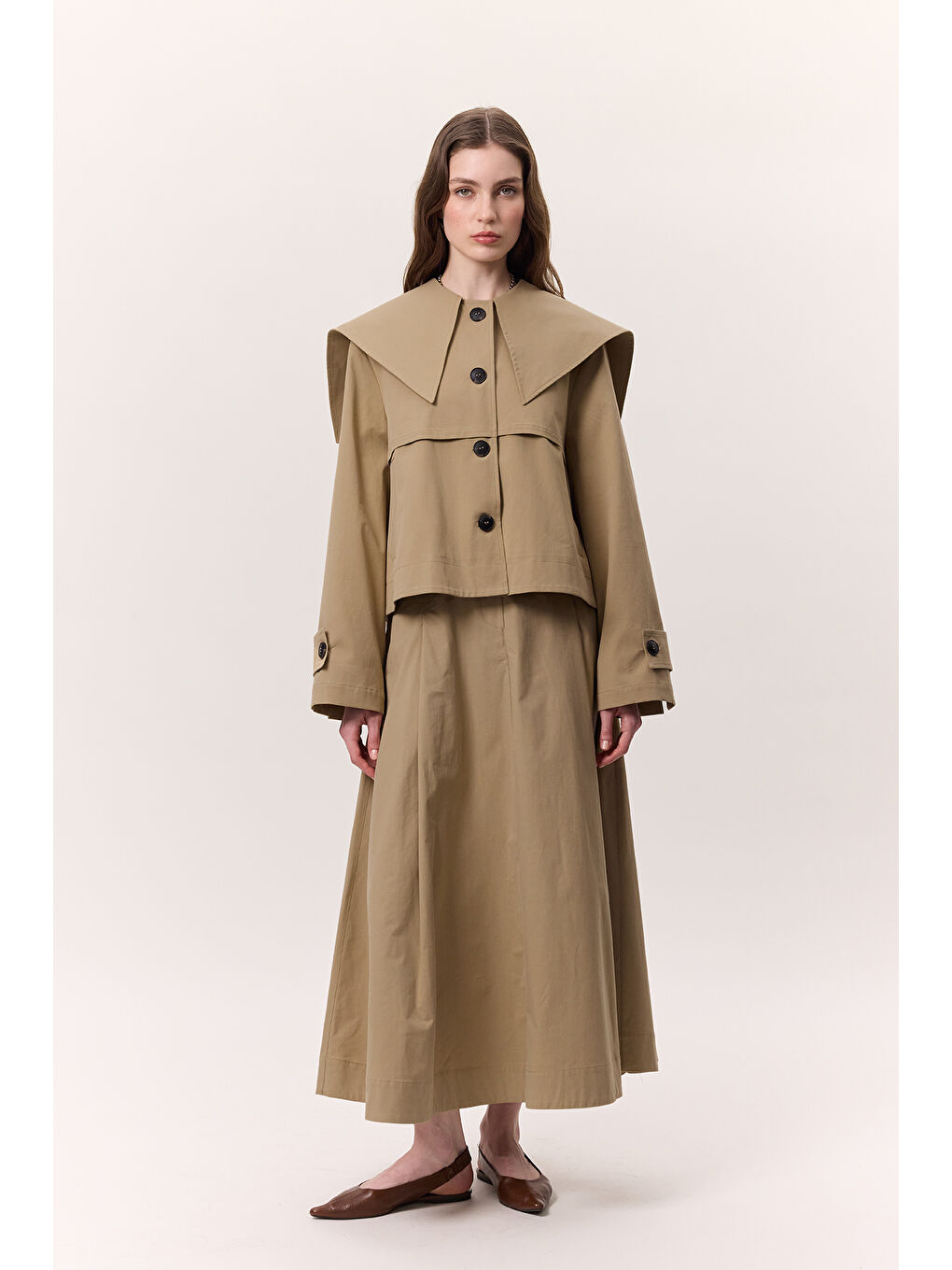 Bej Geniş Yaka Gabardin Ceket Kum-3