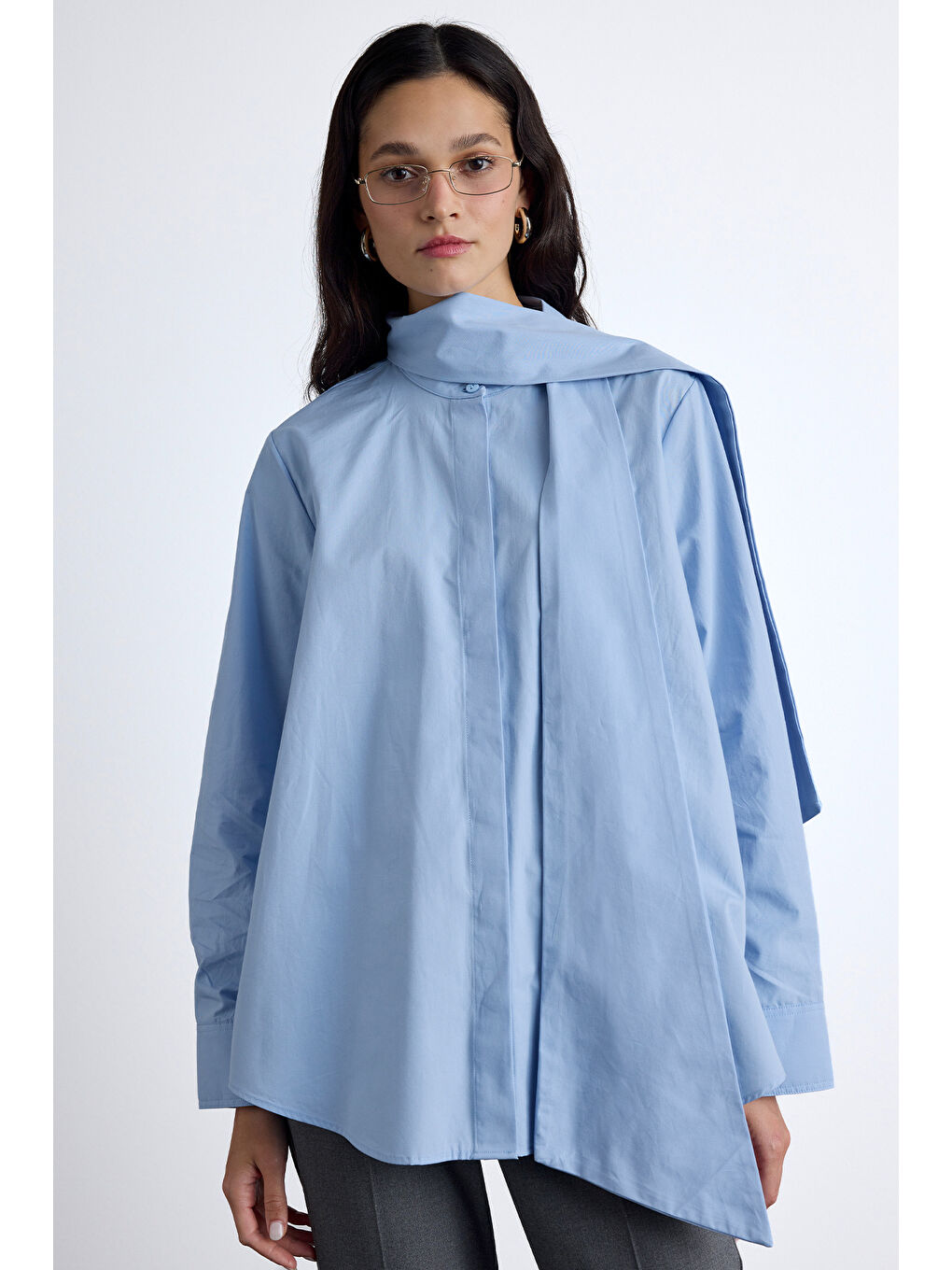 Fular Detaylı Premıum Gömlek Mavi-2