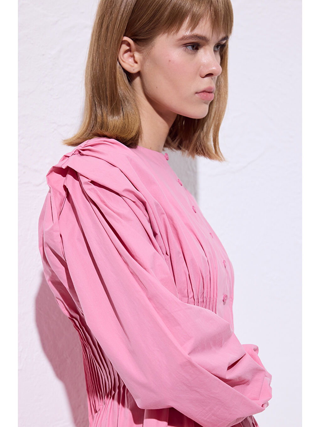 Beli Pile Detaylı Uzun Kol Bluz Pembe-5