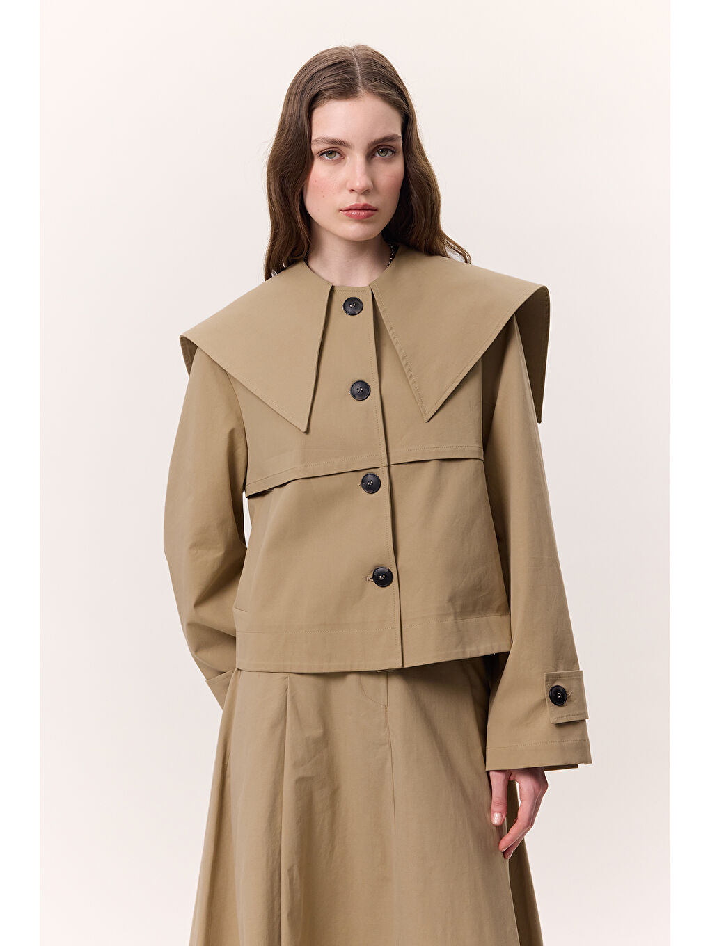 Bej Geniş Yaka Gabardin Ceket Kum-4