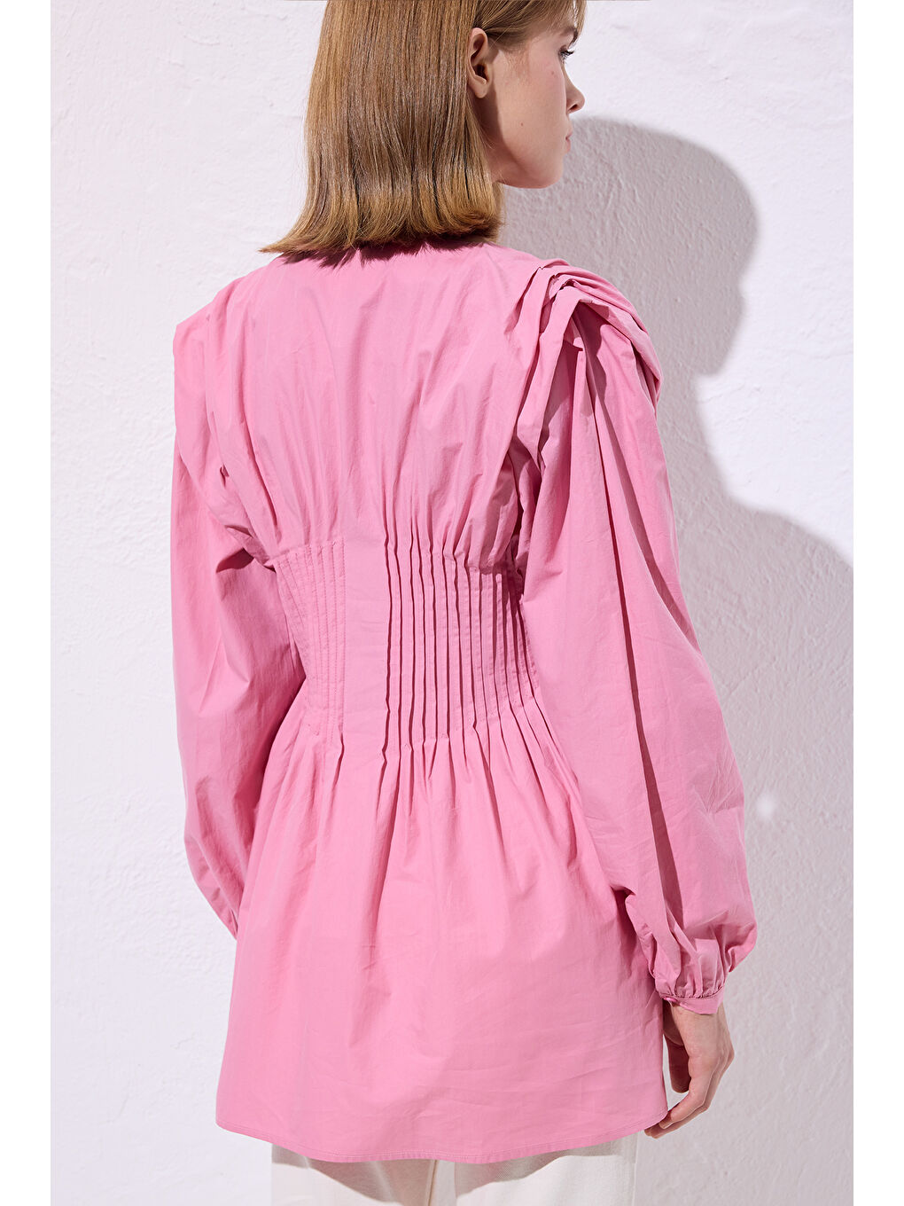 Beli Pile Detaylı Uzun Kol Bluz Pembe-6