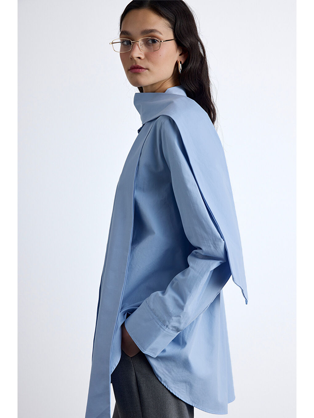 Fular Detaylı Premıum Gömlek Mavi-3