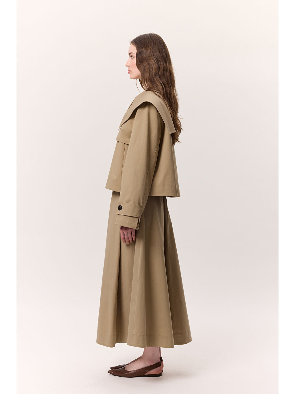 Bej Geniş Yaka Gabardin Ceket Kum-5