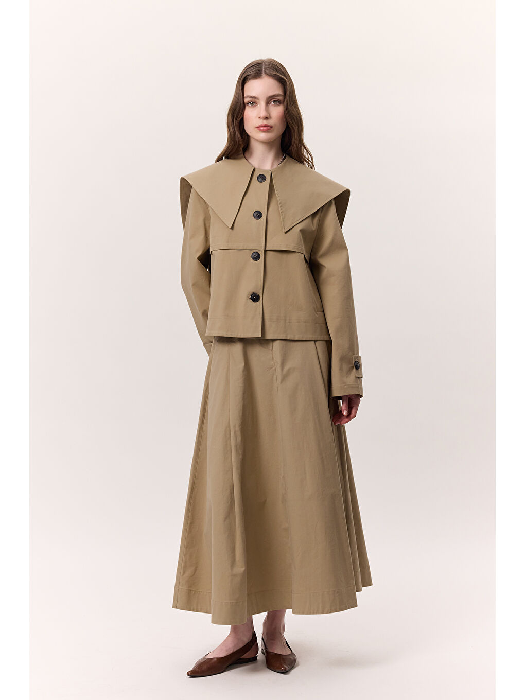 Bej Geniş Yaka Gabardin Ceket Kum-6