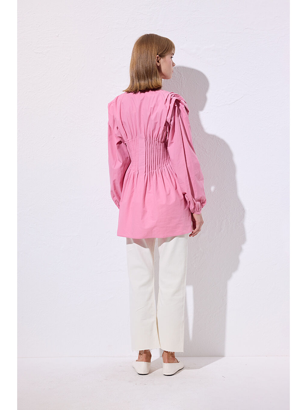 Beli Pile Detaylı Uzun Kol Bluz Pembe-7