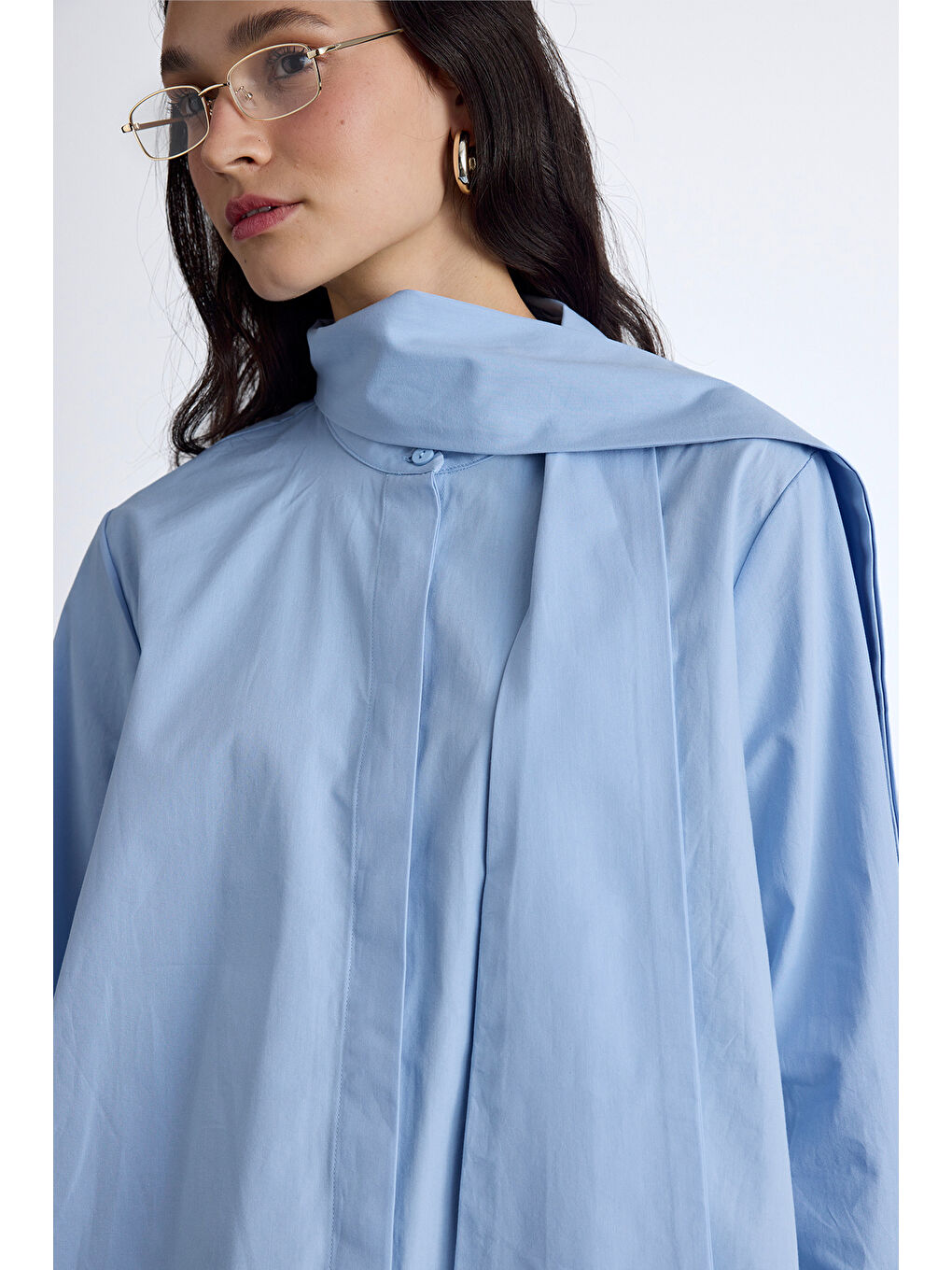 Fular Detaylı Premıum Gömlek Mavi-4
