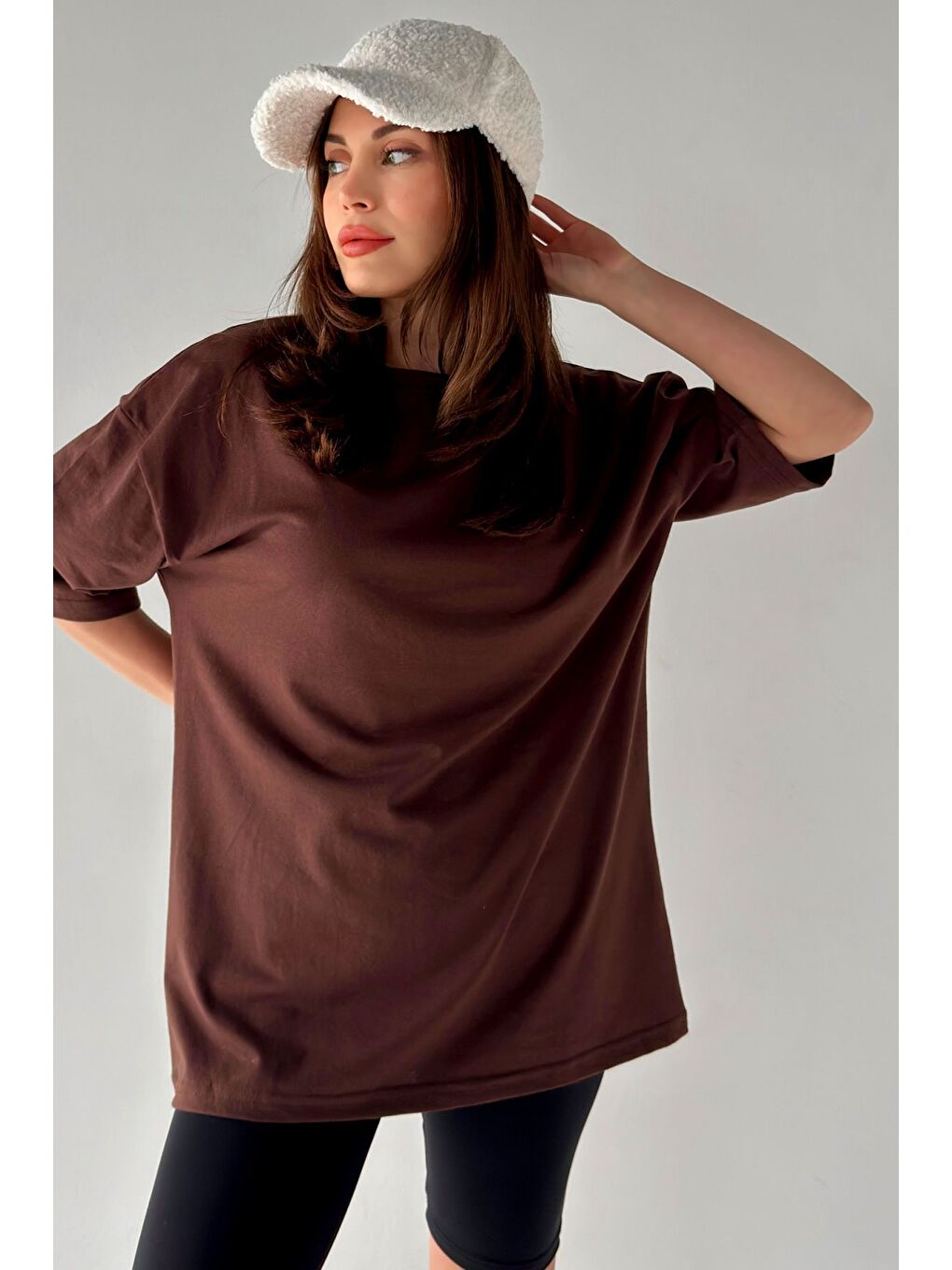 Kahverengi Kadın Düz Renk Ka Oversize T Shirt
