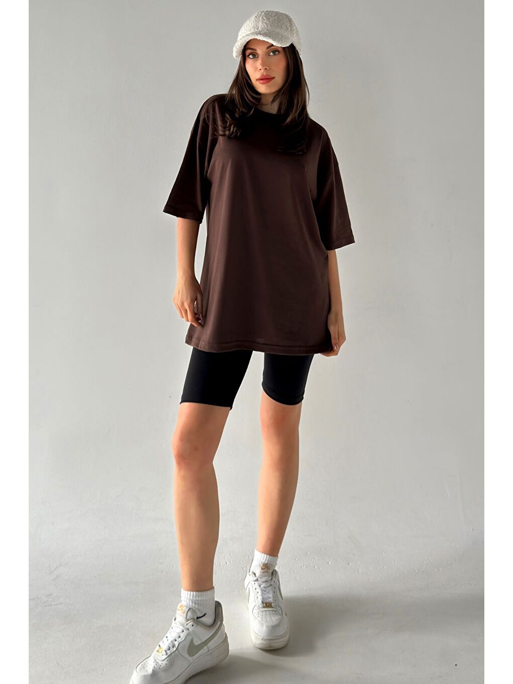 Kahverengi Kadın Düz Renk Ka Oversize T Shirt-1
