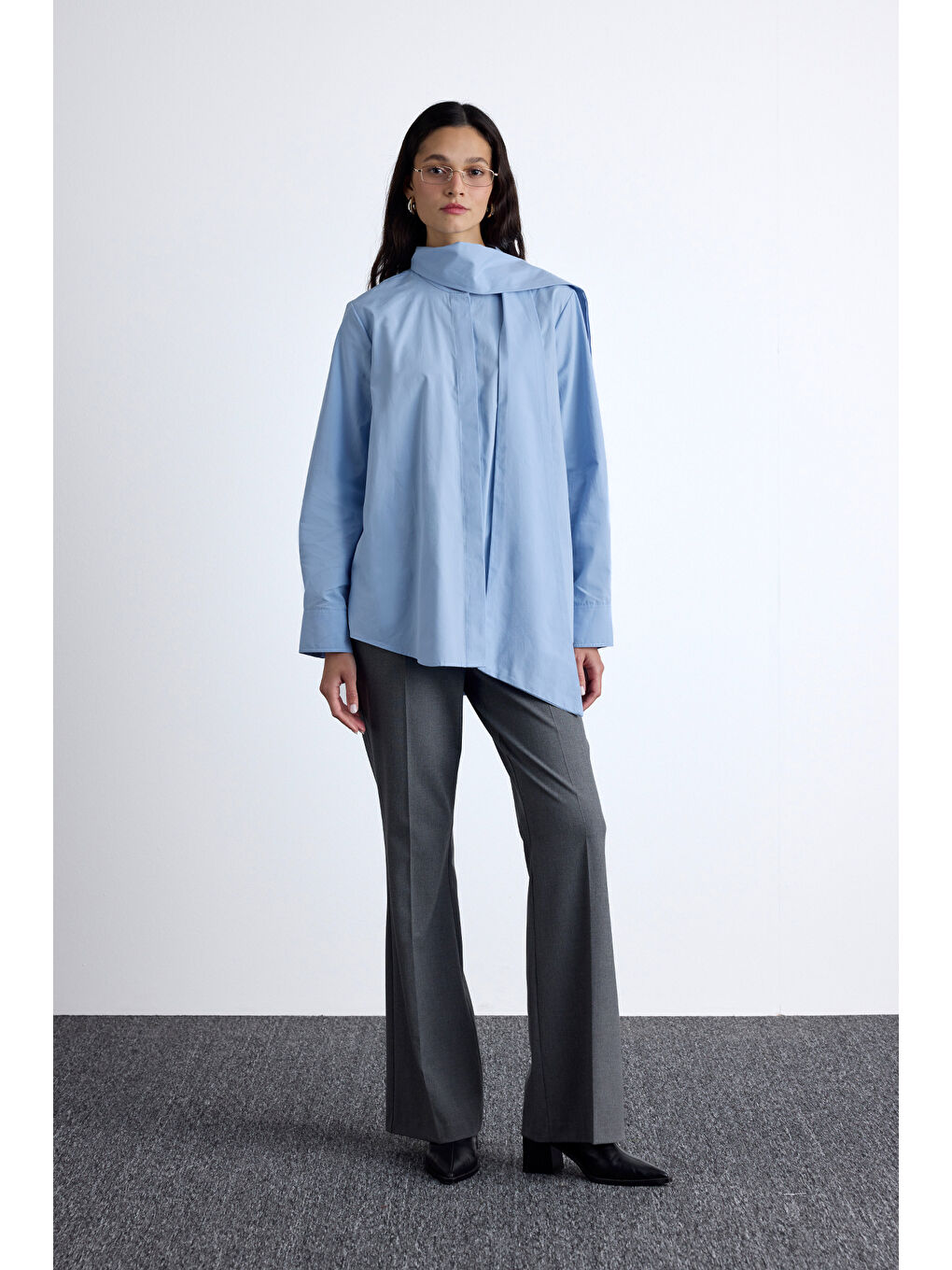 Fular Detaylı Premıum Gömlek Mavi-5