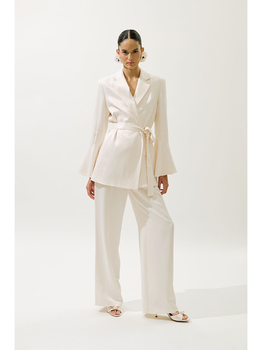 Bej Saten Kemerli Abiye Ceket Vanilya-3