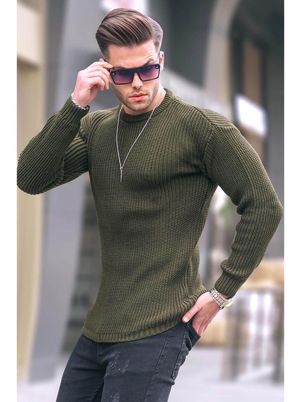 Haki Basic Triko Erkek Kazak 5990