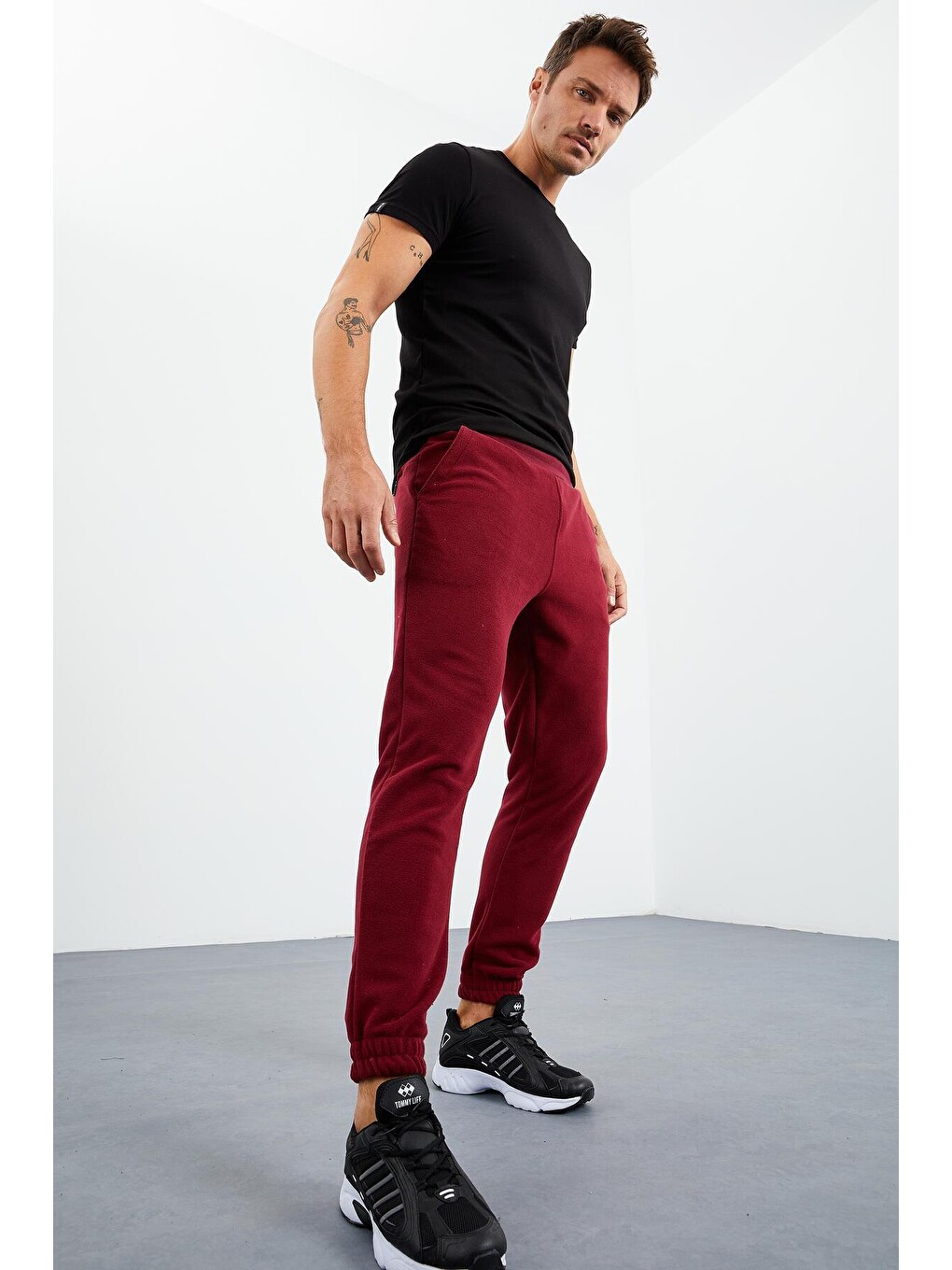 Bordo Erguvan Gizli Fermuarlı Rahat Form Lastik Paça Polar Erkek Eşofman Alt - 84866