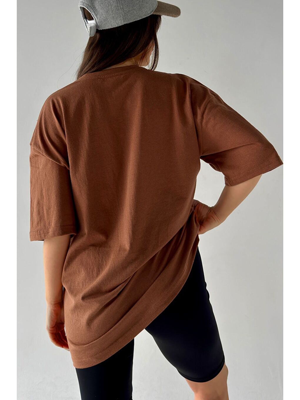 Kahverengi Kadın Düz Renk Vizon Oversize T Shirt-3