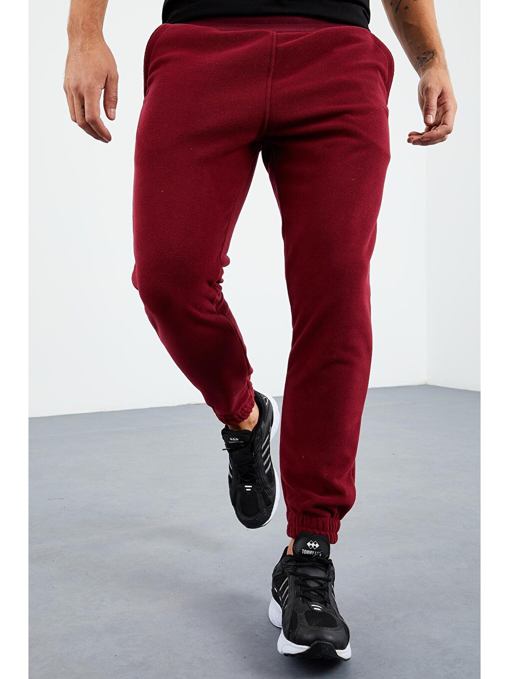Bordo Erguvan Gizli Fermuarlı Rahat Form Lastik Paça Polar Erkek Eşofman Alt - 84866-1