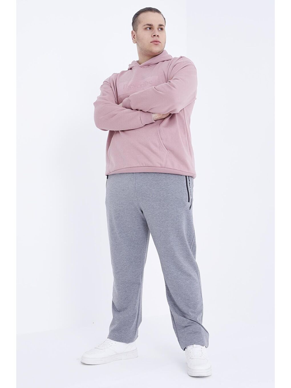 Gri Melanj Fermuar Cepli Klasik Paça Büyük Beden Erkek Eşofman Alt  - 84770-4