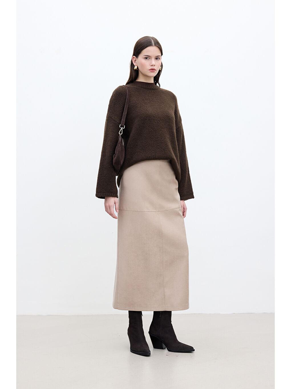 Bej Suni Deri Etek Kum