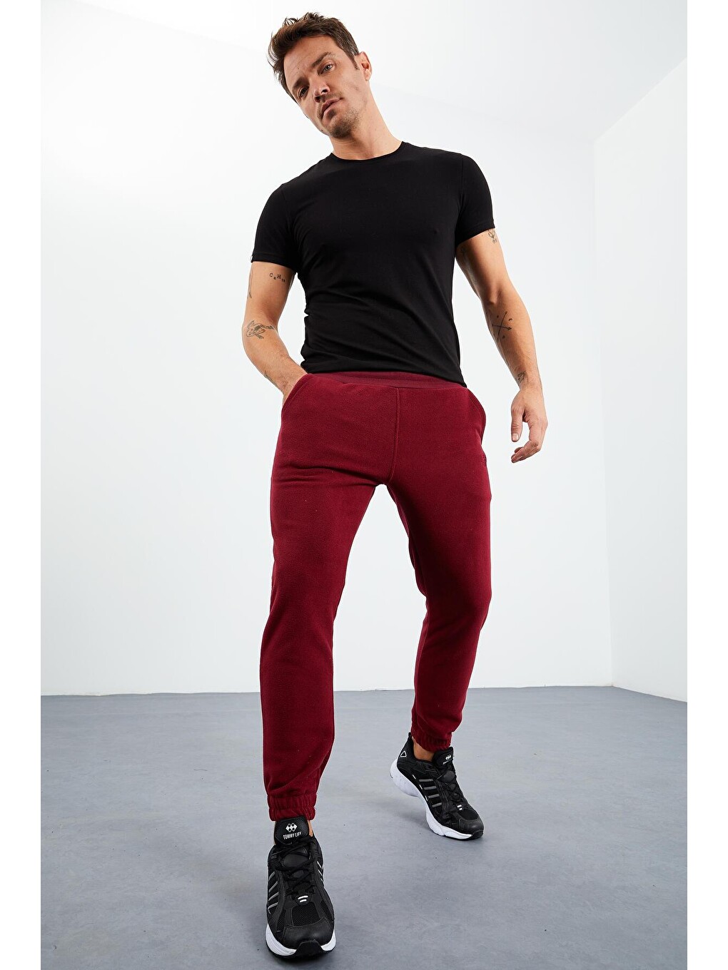 Bordo Erguvan Gizli Fermuarlı Rahat Form Lastik Paça Polar Erkek Eşofman Alt - 84866-2
