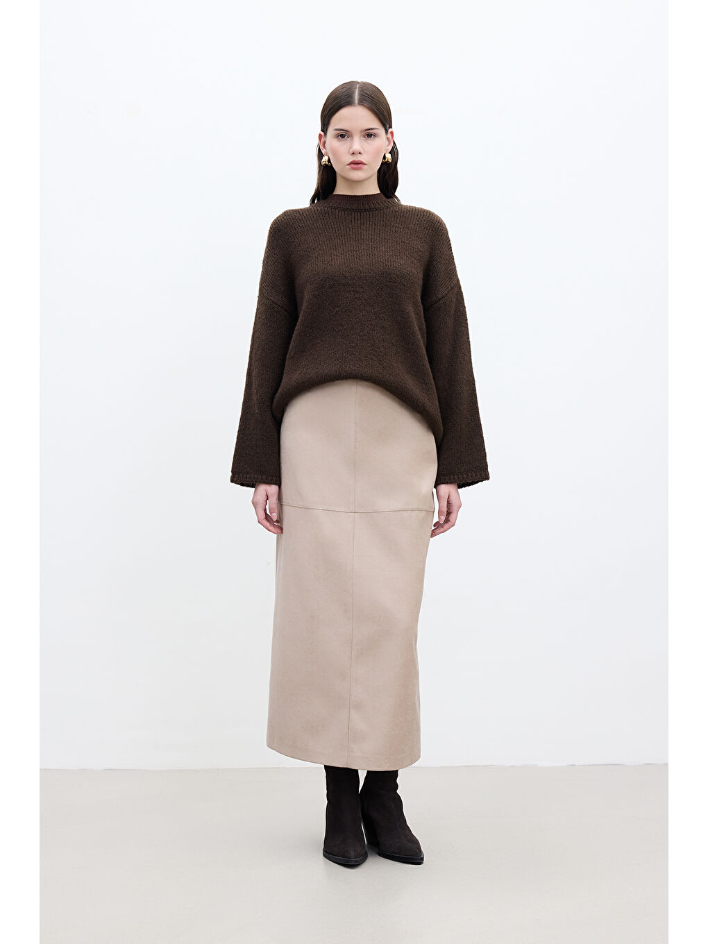 Bej Suni Deri Etek Kum-1