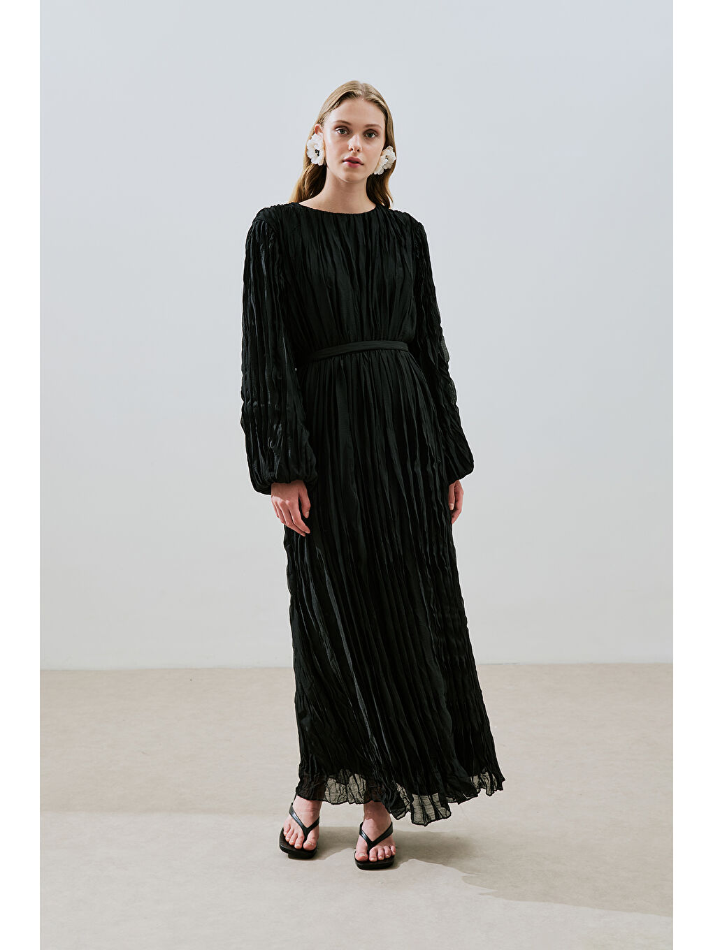 Piliseli Şifon Elbise Siyah-1