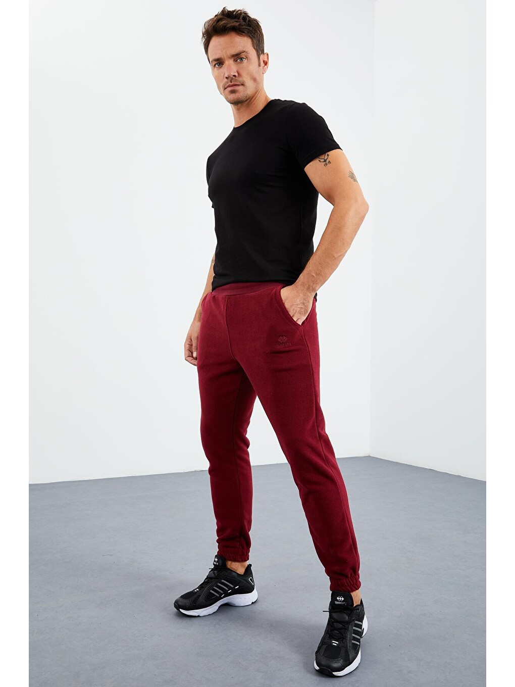 Bordo Erguvan Gizli Fermuarlı Rahat Form Lastik Paça Polar Erkek Eşofman Alt - 84866-4
