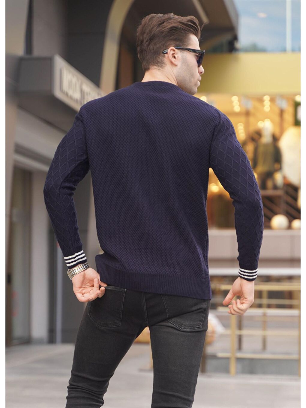 Lacivert Kolu Desenli Bisiklet Yaka Triko Erkek Kazak 5987-1