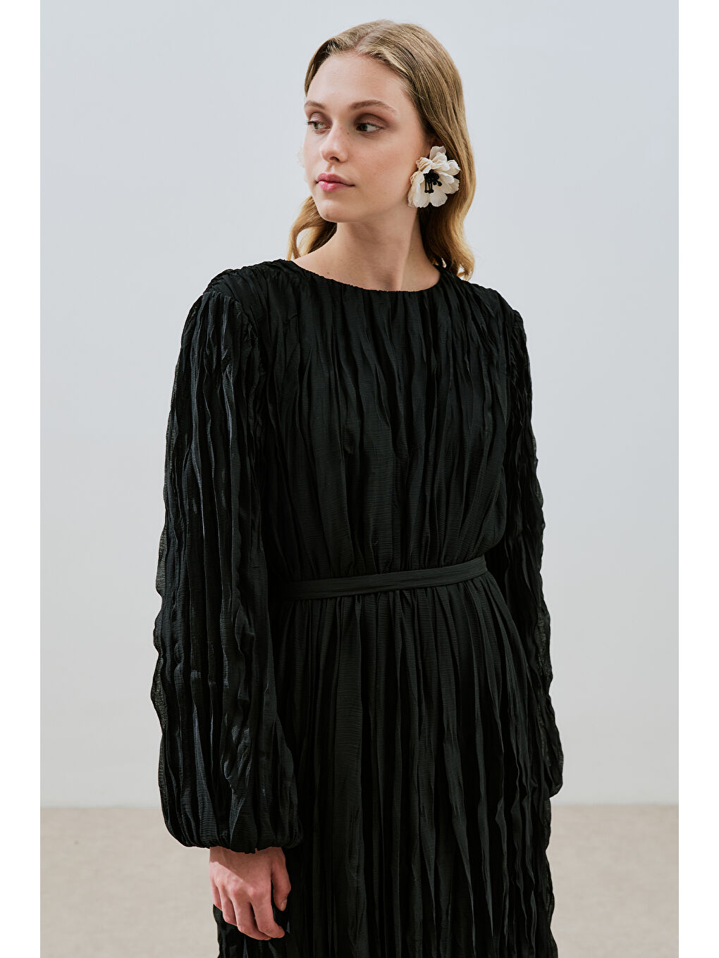 Piliseli Şifon Elbise Siyah-2