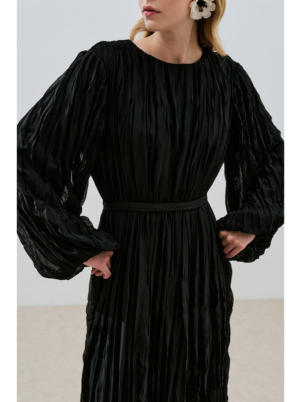 Piliseli Şifon Elbise Siyah-3