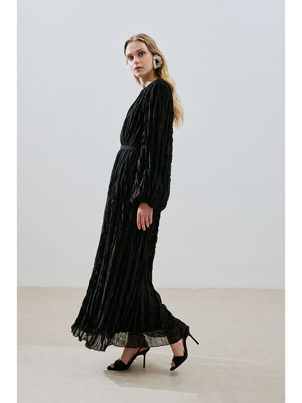 Piliseli Şifon Elbise Siyah-4