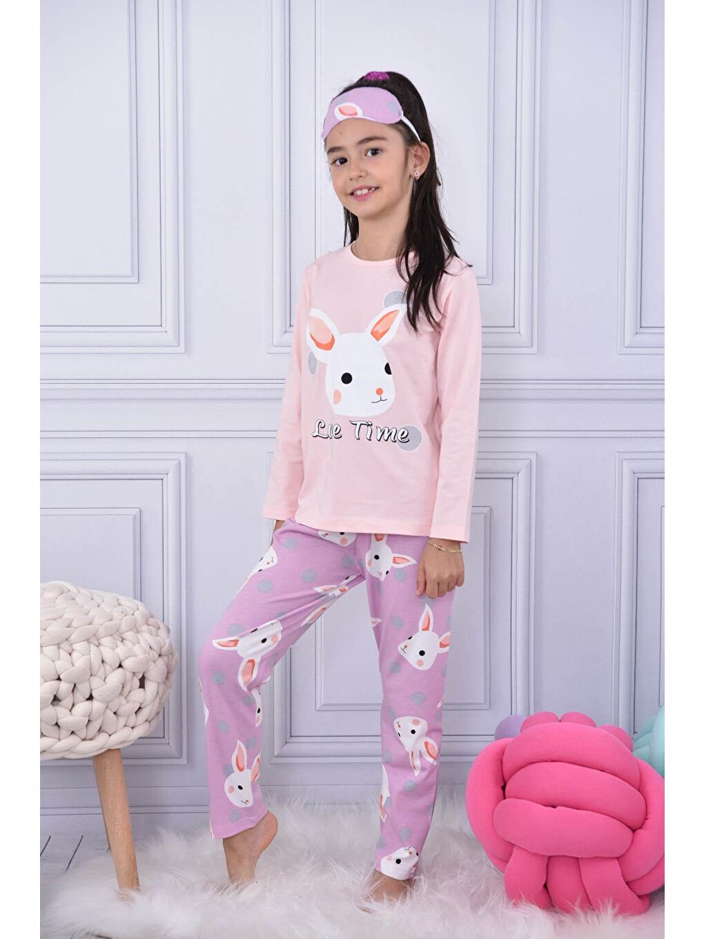 Pijakids Pembe Tavşanlı Puantiyeli Kız Çocuk Pijama Takımı 17027