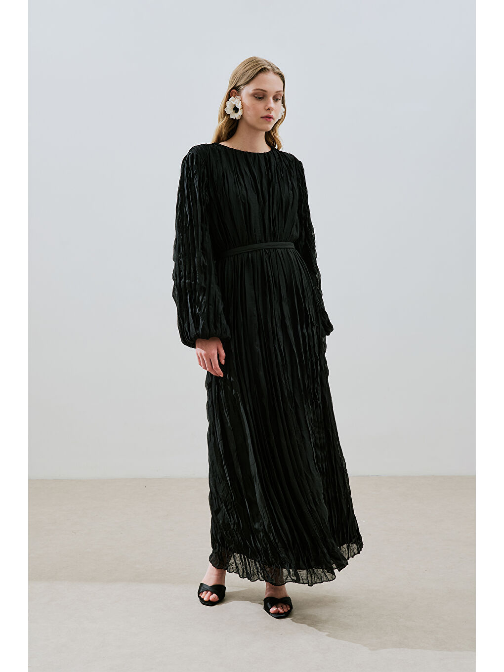 Piliseli Şifon Elbise Siyah-6