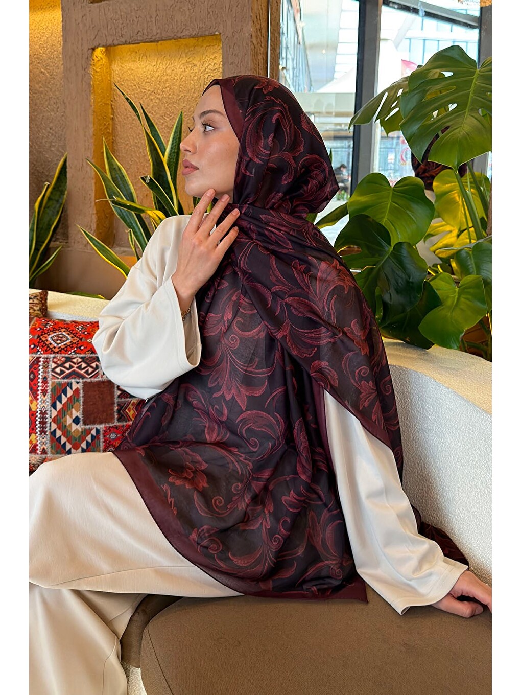 Etnik Desen Ferah Şal Bordo-2