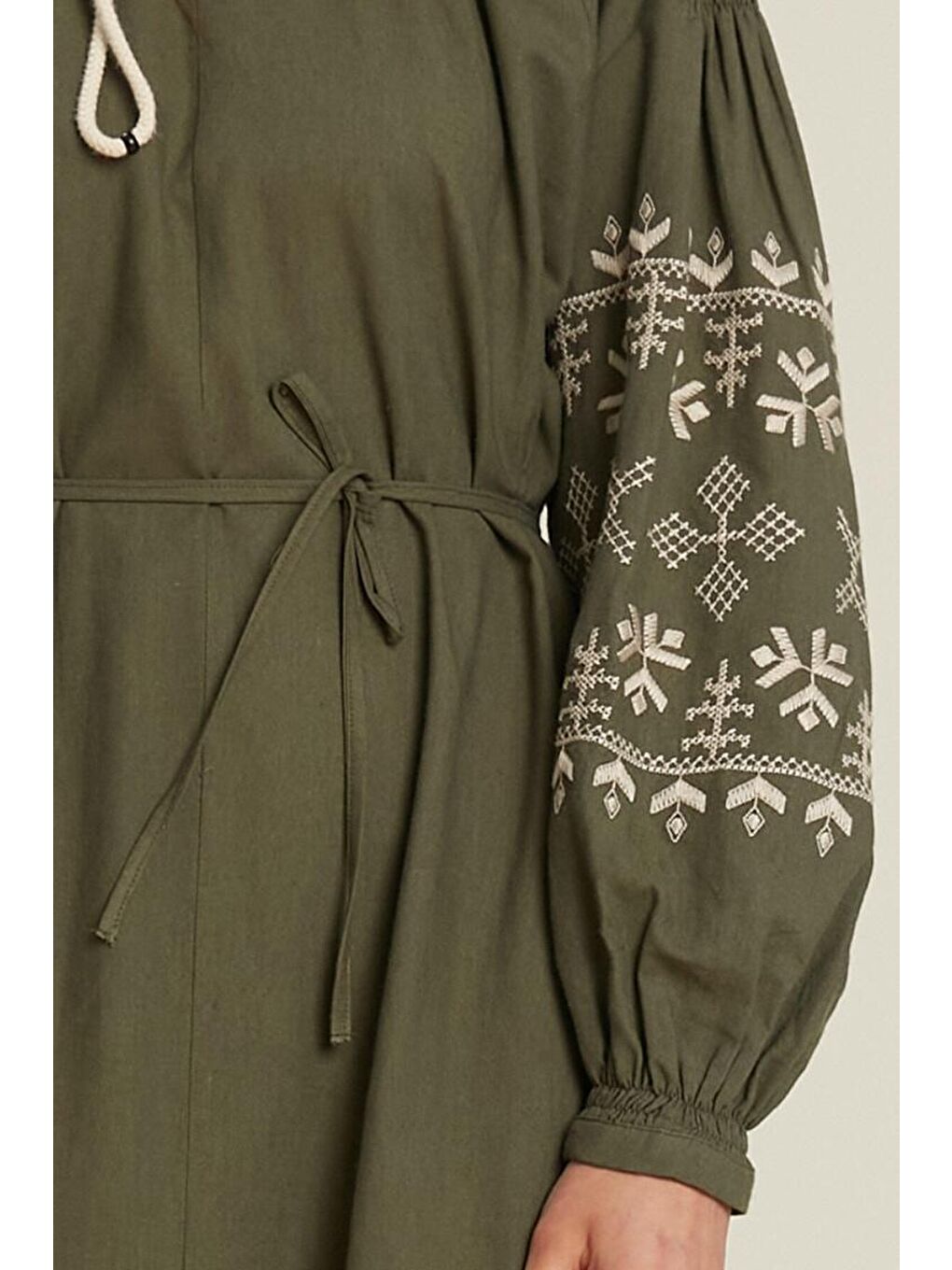 Nakışlı Keten Karışımlı Elbise Haki-3