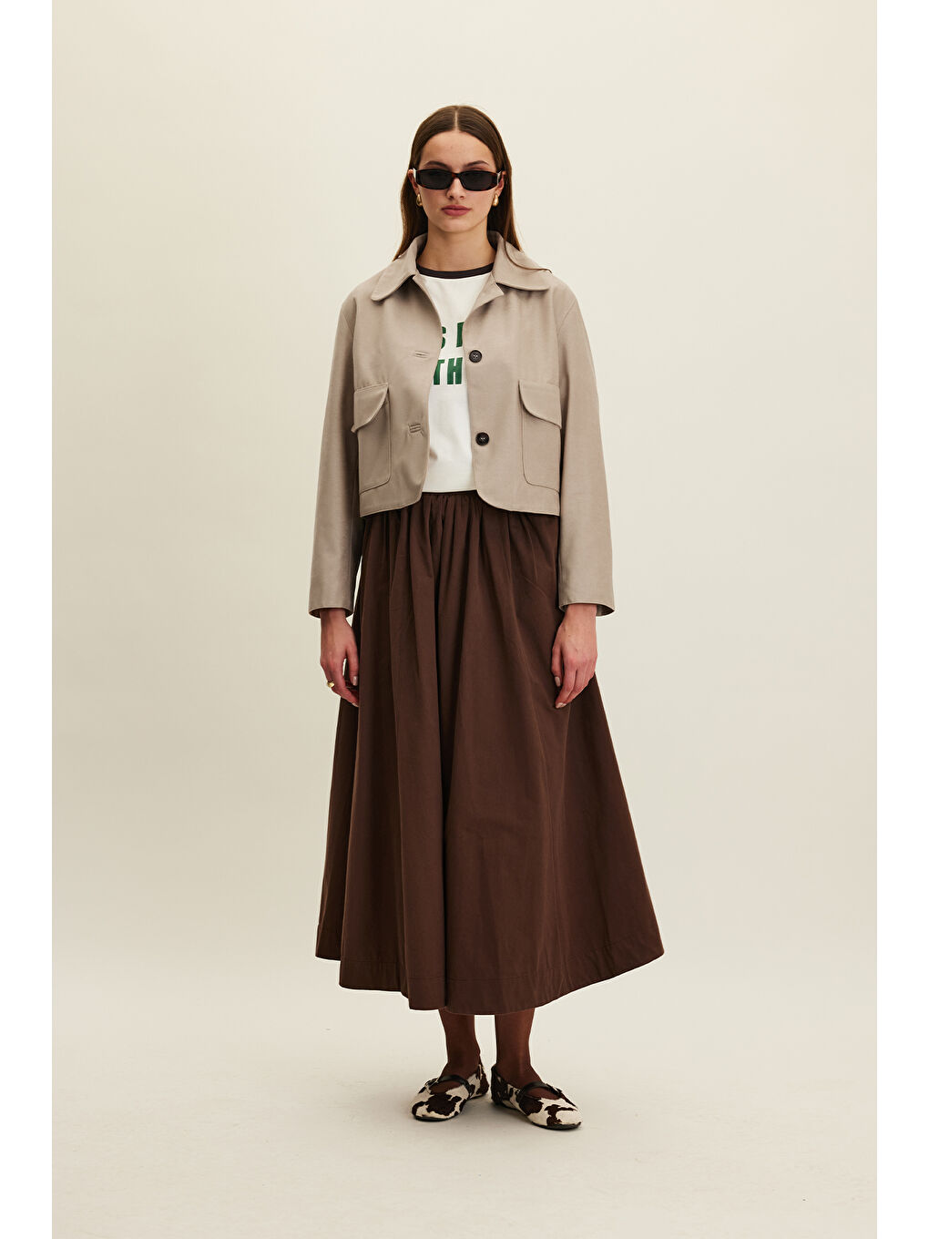 Katy Gabardin Büzgülü Etek Kahverengi